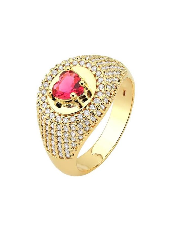 Anel Coração Rosa Cravejado Banho Ouro