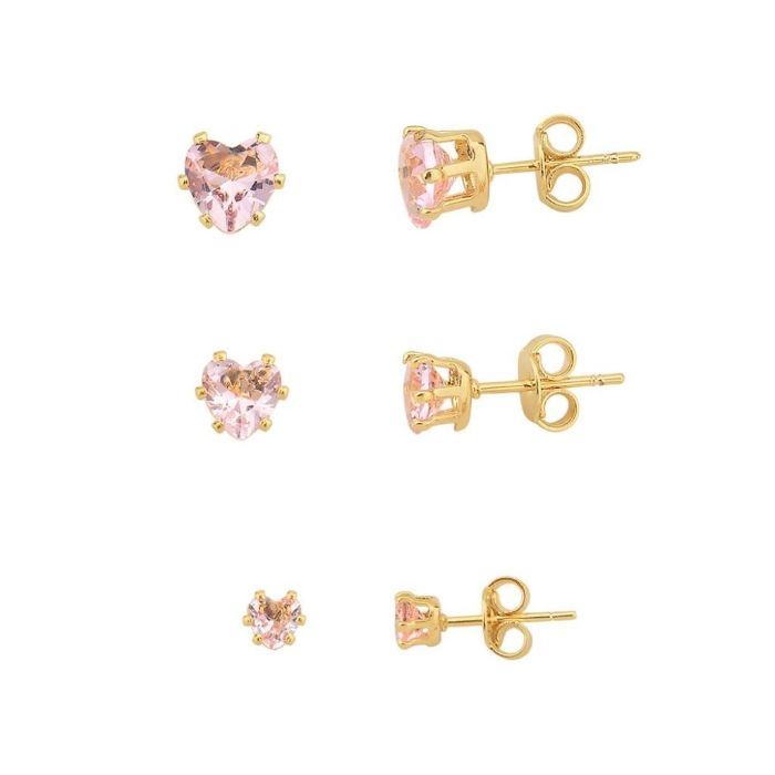 Brinco Trio Coracao Rosa Banho Ouro