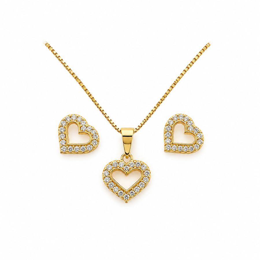 Conjunto Coração Vazado Cravejado Banho Ouro