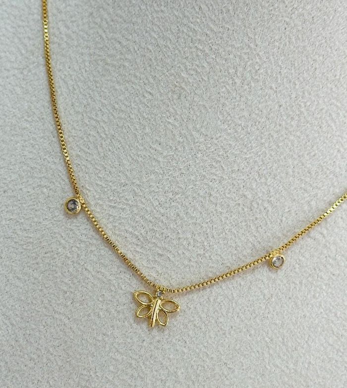 Colar Veneziana Libélula E Zircônia Dourado — banho de ouro 18k, Heali Semijoias