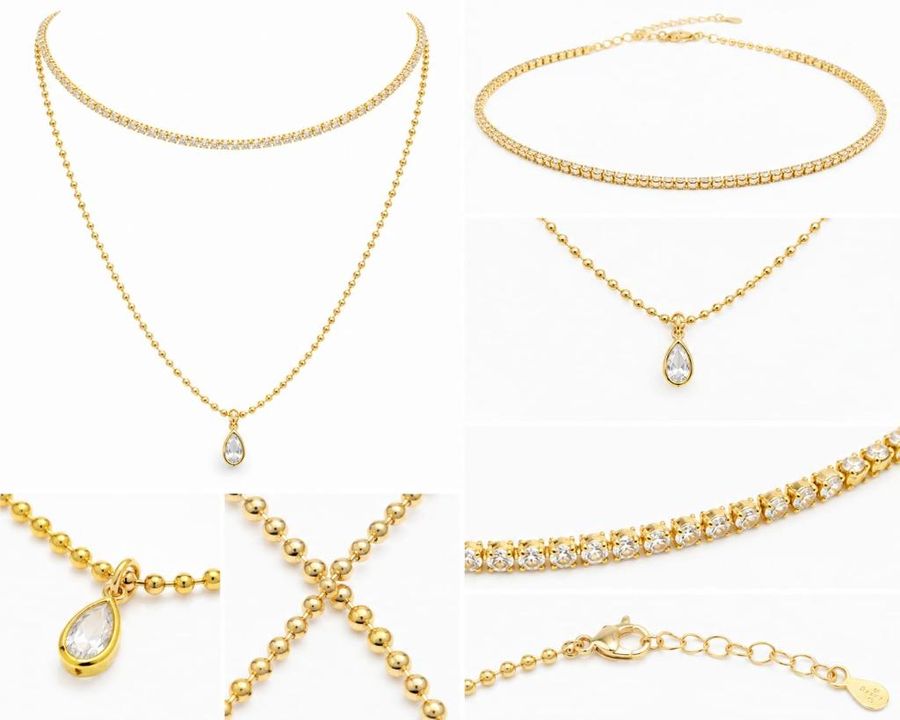 Colar Duplo Riviera E Bolinha Com Gota Cristal Dourado