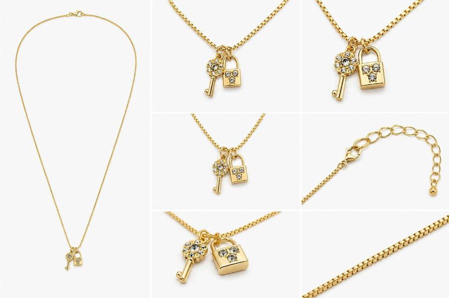 Colar Veneziana Chave E Cadeado Cravejado Dourado
