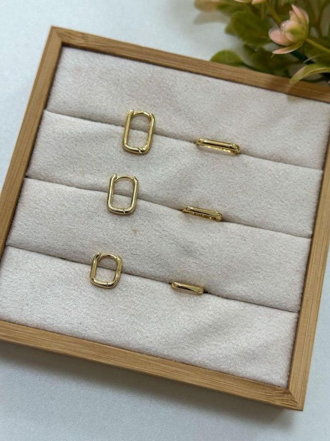Trio DE Brincos Argolas Retangulares Banho Ouro