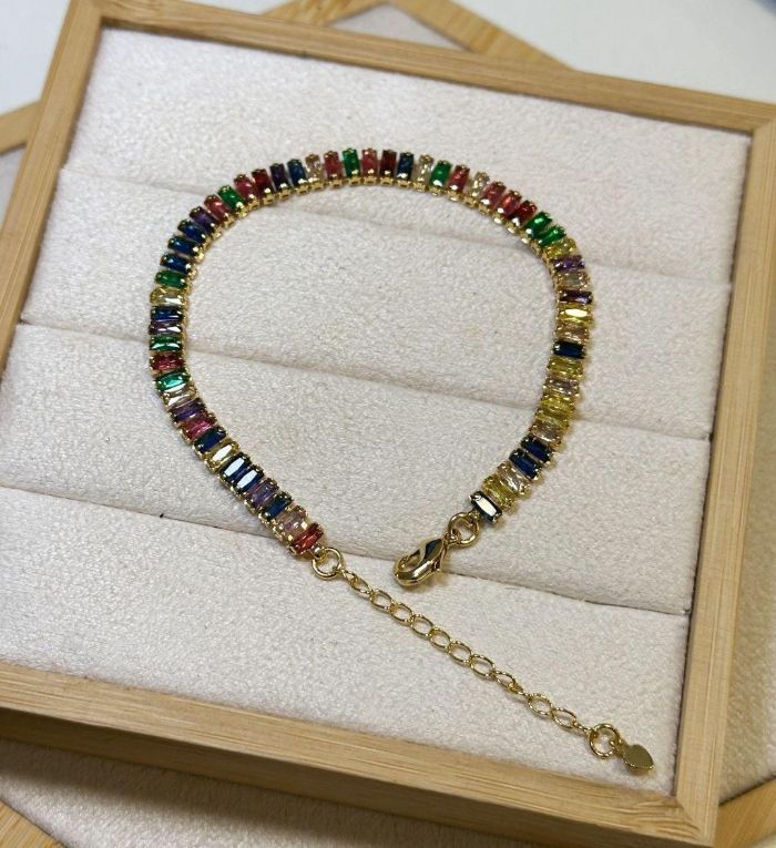 Pulseira Riviera Baguete Colorida 15+4 CM Dourada