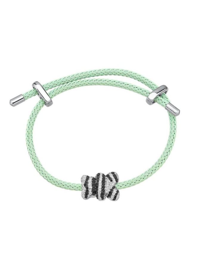 Pulseira DE Corda Verde Com Urso Cravejado Zebrado — banho de ródio, Heali Semijoias