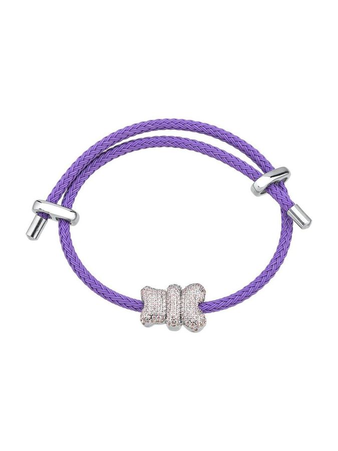 Pulseira DE Corda Roxa Com Urso Cravejado Rosa — banho de ródio, Heali Semijoias